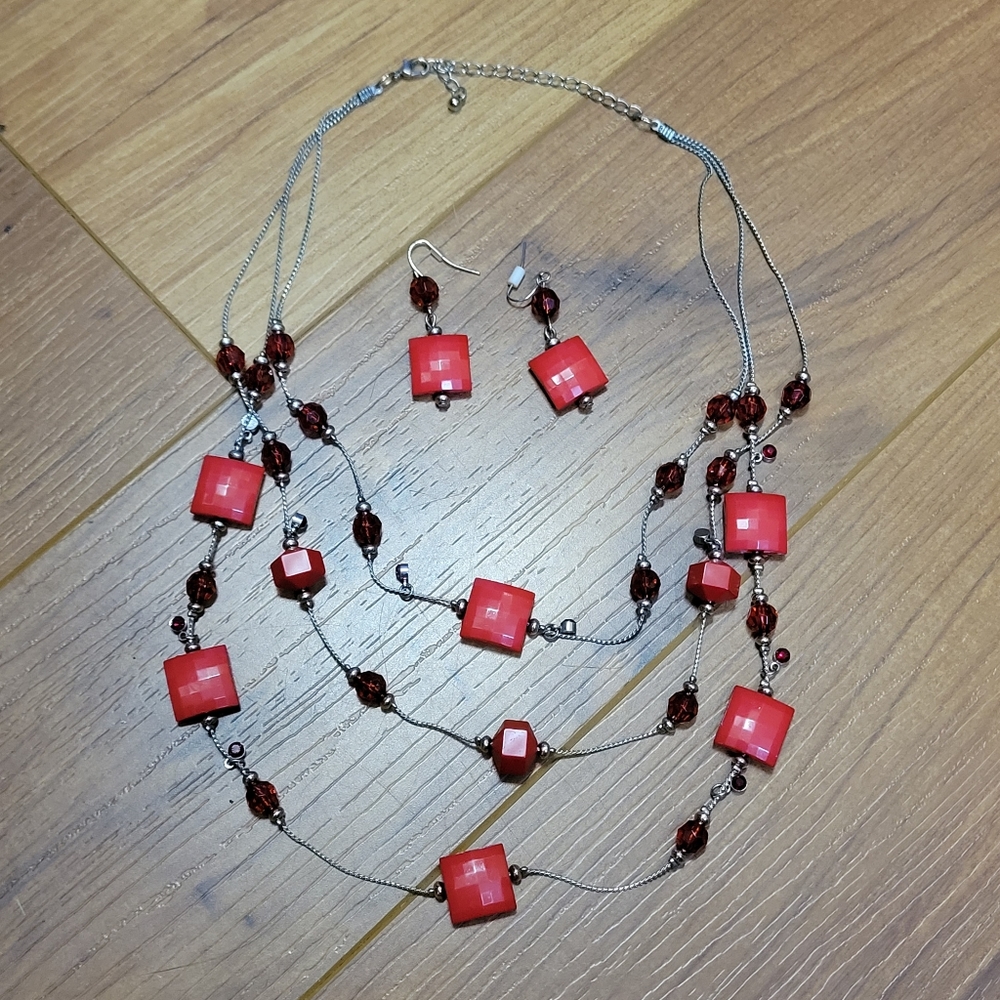 Red Chunky Beaded Necklace and Earrings Set